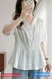 Short Sleeve V-Neck Elastic Blouse Shirt