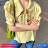 Flower Embroidered Lapel Collar Vintage Blouse Shirt