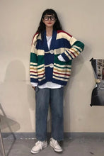 V-Neck Tie Button Striped Cardigan Sweater