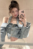Long Sleeve Sexy Halter Neck Cropped Denim Jacket
