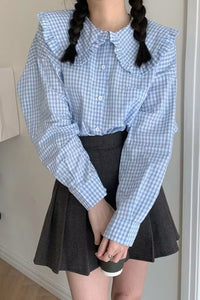 Long Sleeve Plaid Pattern Peter Pan Collar Blouse Shirt