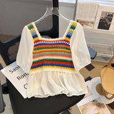 Half Sleeve Square Neck Rainbow Striped Crochet Shirt