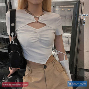 Short Sleeve Love Pin Hollow Out Cropped Shirt