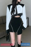 Long Sleeve Vintage Black And White Leather Cropped Jacket