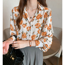 Long Sleeve Flowers Pattern Chiffon Blouse Shirts