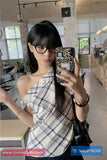 One Shoulder Retro Plaid Casual Shirt