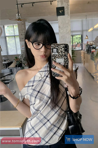 One Shoulder Retro Plaid Casual Shirt