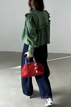 Loose Puff Sleeve Green Plaid Ruffled Blouse Shirt