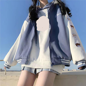 Loose Bears Sleeve Pattern Hooded Baseball Jacket