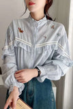 Long Sleeve Striped Embroidered Blouse Shirt