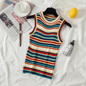 O-Neck Sleeveless Striped Crop Tops