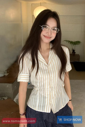 Half Sleeve Back Bandage Tie Striped Blouse Shirt