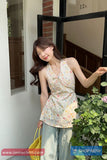 Sweet Floral Pattern Elegant Halter Crop Tops