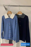 Long Sleeve Turn Down Collar Striped Knitted Cardigan Sweater