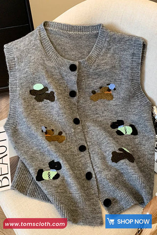 Cute Puppy Embroidered Knitted Sleeveless Vest Sweater