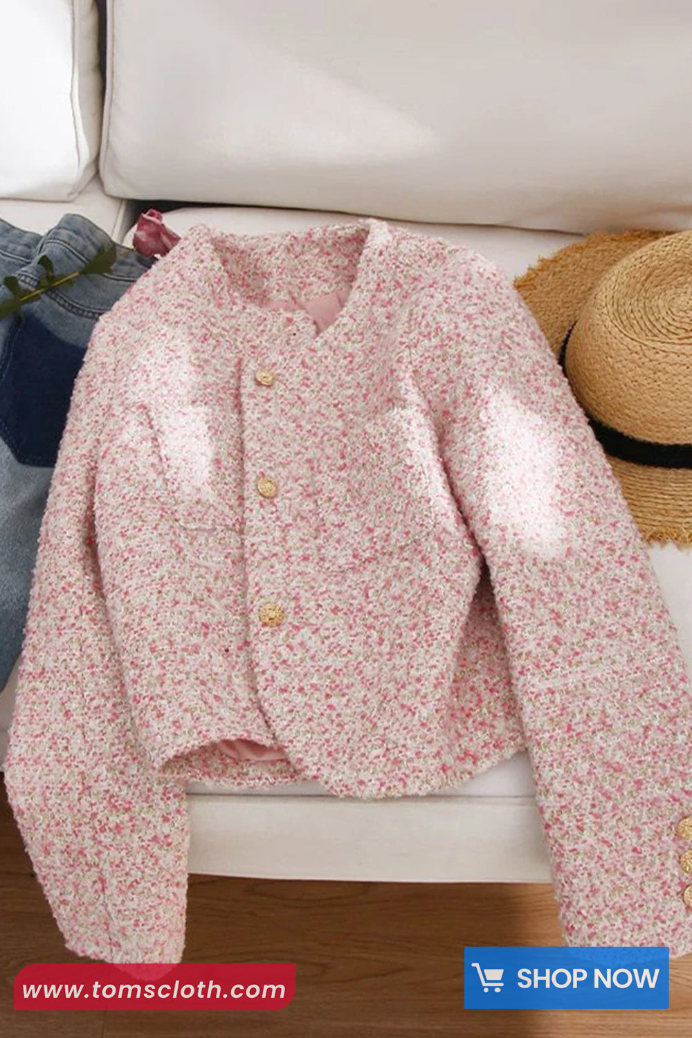 Long Sleeve O-Neck Pink Elegant Tweed Jacket
