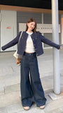 Long Sleeve Vintage Blue Elegant Tweed Jacket
