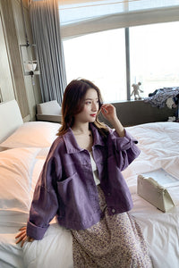 Loose Cropped Style Purple Denim Jacket