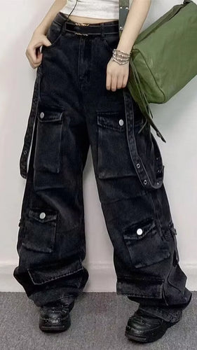 Loose Multi Pockets Long Black Jeans Pants