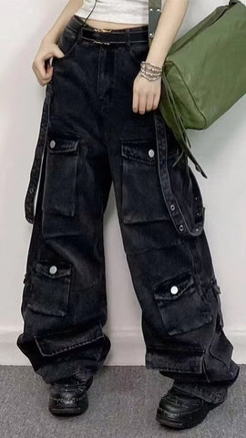 Loose Multi Pockets Long Black Jeans Pants