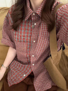 Short Sleeve Vintage Style Plaid Blouse Shirt