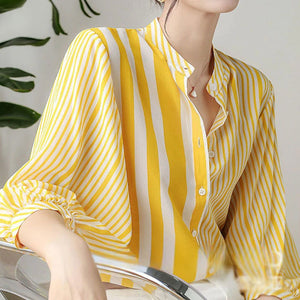 Long Sleeve Yellow Striped Elegant Office Blouse Shirt