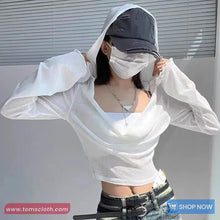 Long Sleeve Elastic Hooded Cropped Shirt
