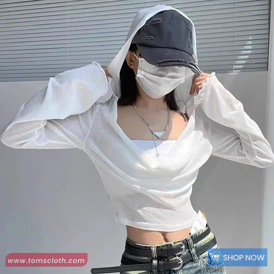 Long Sleeve Elastic Hooded Cropped Shirt