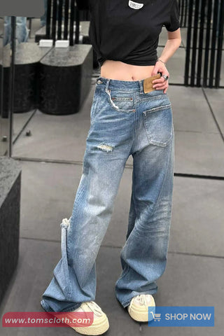 Unique Irregular Pocket Button Ripped Denim Pants