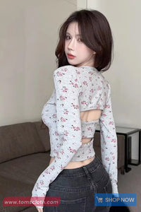 Long Sleeve Backless U-Neck Cropped Floral Shirts