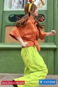 Loose Short Sleeve Orange Plaid Summer Blouse Shirt