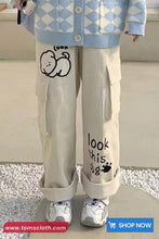 Cute Puppy Embroidered Cargo Pockets Corduroy Pants