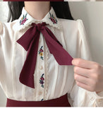 Long Sleeve Bow Tie Retro Flower Embroidered Blouse Shirt