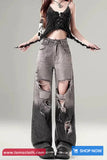 High Waist Hole Ripped Retro Gradient Grey Jeans Pants