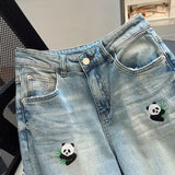 High Waist Retro Panda Embroidered Jeans Pants
