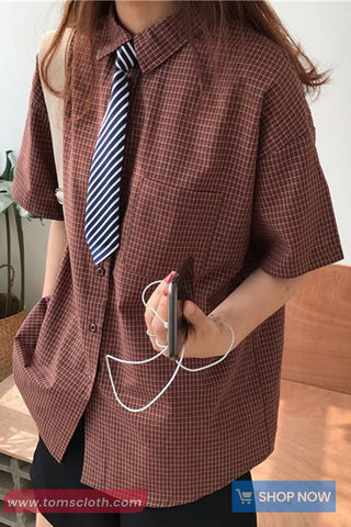 Short Sleeve Vintage Plaid Cute Tie Blouse Shirt