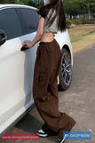Retro Drawstring Waist Brown Cargo Pants