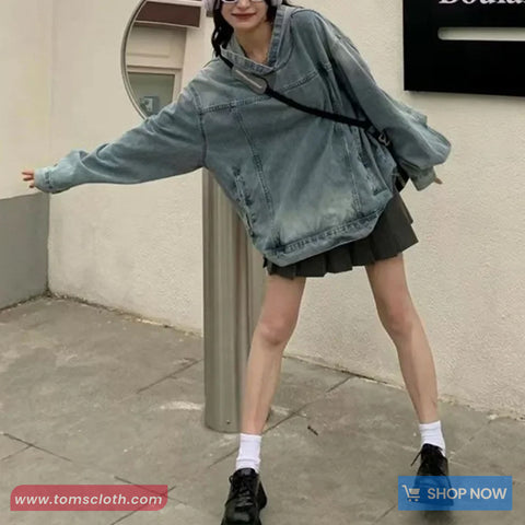 Loose Vintage Hooded Denim Sweatshirt