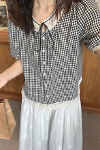 Short Sleeve Lace Tie Collar Plaid Blouse Shirt