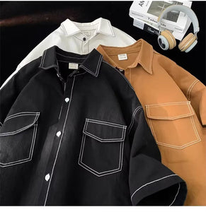 Short Sleeve Retro Stitching Line Men Shirt