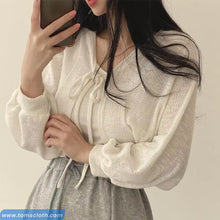 Lantern Sleeve Lace Up Knitted Cropped Cardigan