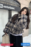 Loose Stand Collar Retro Plaid Pattern Parkas Coat Jacket