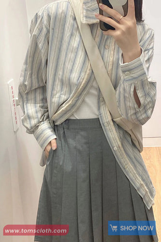 Long Sleeve Retro Tassel Style Striped Blouse Shirt