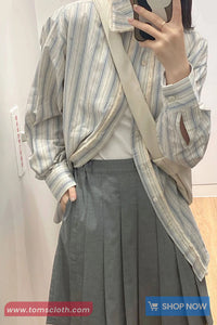 Long Sleeve Retro Tassel Style Striped Blouse Shirt