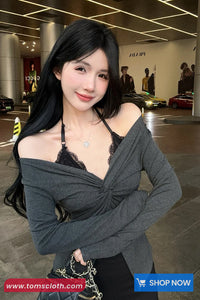 Long Sleeve Sexy V-Neck Off Shoulder Lace Patchwork Crop Tops