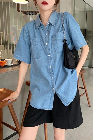 Short Sleeve Vintage Denim Blouse Shirts