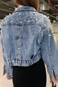 Long Sleeve Cropped Style Pearls Beaded Denim Jacket