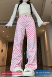 Retro Pink Plaid Casual Long Pants