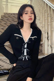 bow button cardigan women, cropped cardigan sweater, v neck knit cardigan, cute aesthetic sweater, korean style cardigan, y2k cardigan outfit, soft girl fashion sweater, trendy knit cardigan women