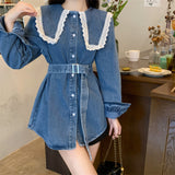 Long Sleeve Doll Collar Denim Blouse Shirt